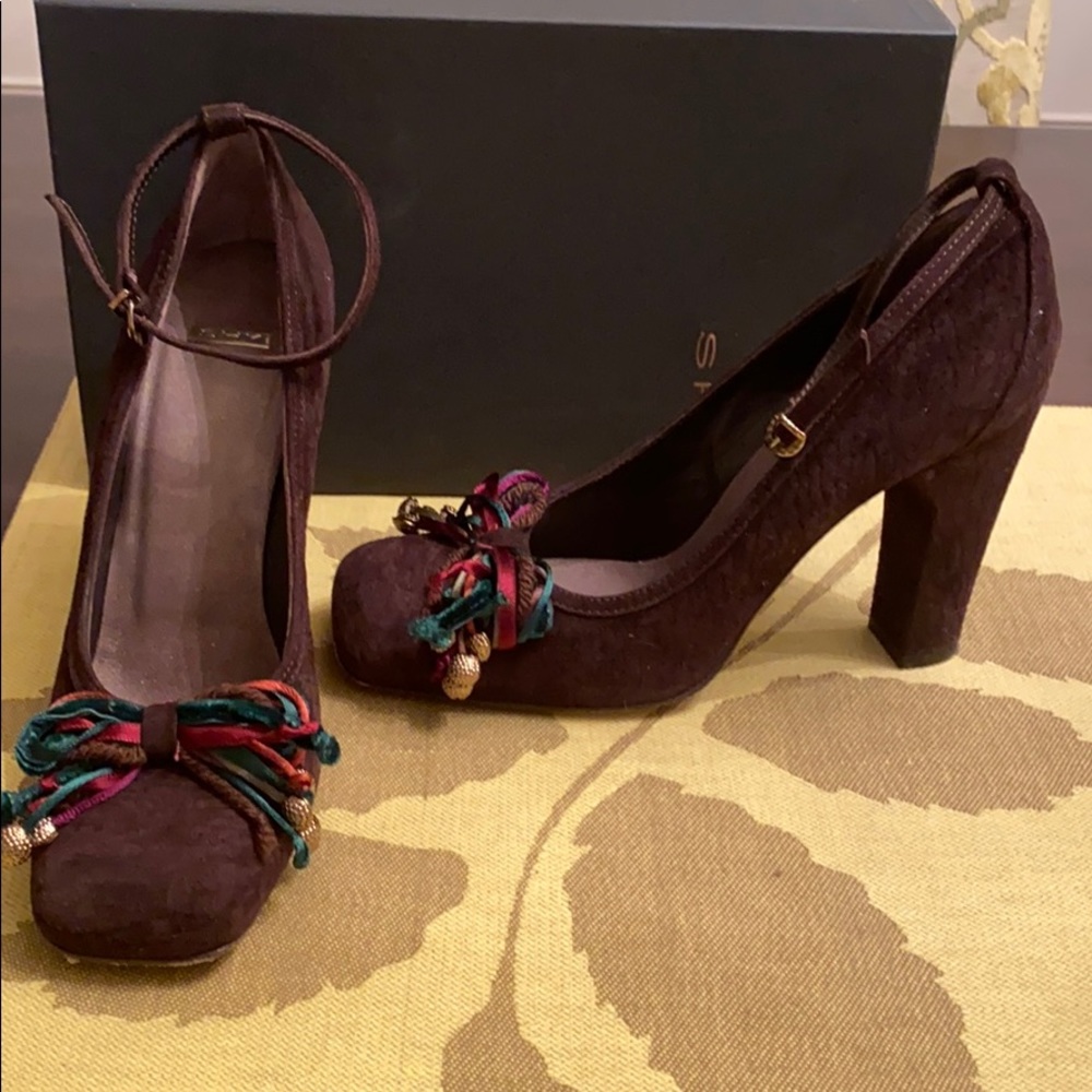 Brown suede pump with ankle strap